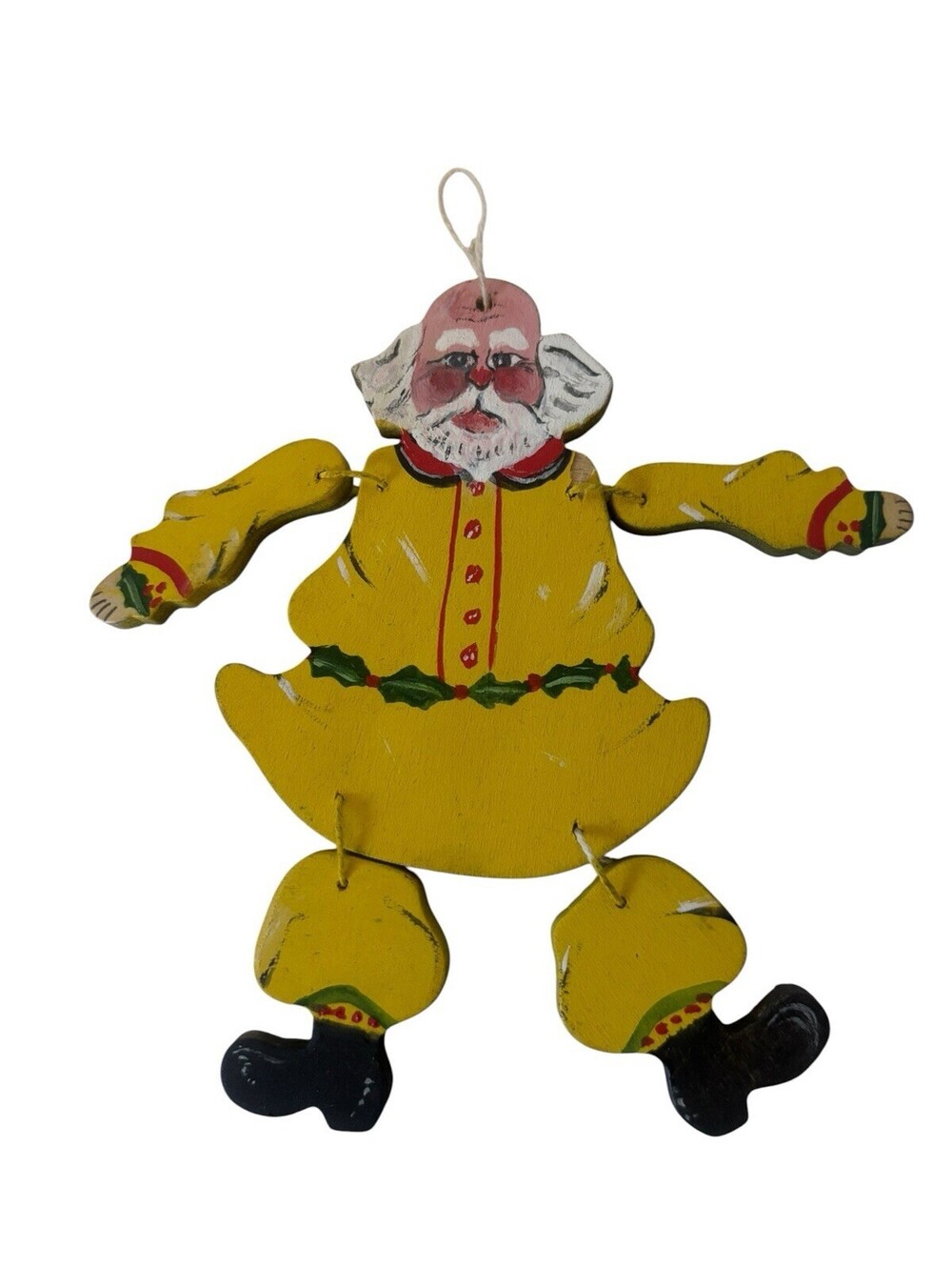 Vintage Wooden Santa Christmas Ornament Hand Painted Jointed Yellow Signed 5”